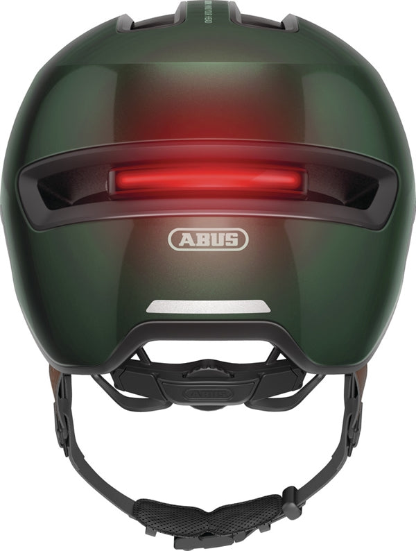 Abus Hud-Y Moss Green. Mørkegrøn city og pendler cykelhjelm med aftagelig lygte bagpå