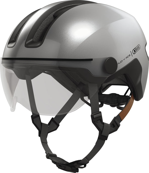 Abus Hud-Y Ace Gleam Silver. Grå cykelhjelm med visir
