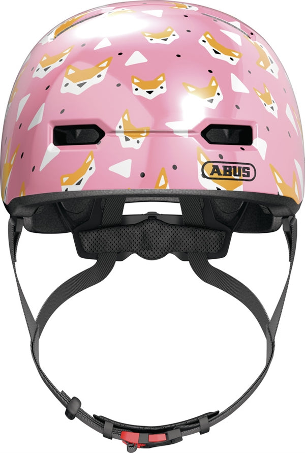 Abus Skurb Kid Rose Foxes. Lyserød cykelhjelm til baby og barn med ræve på